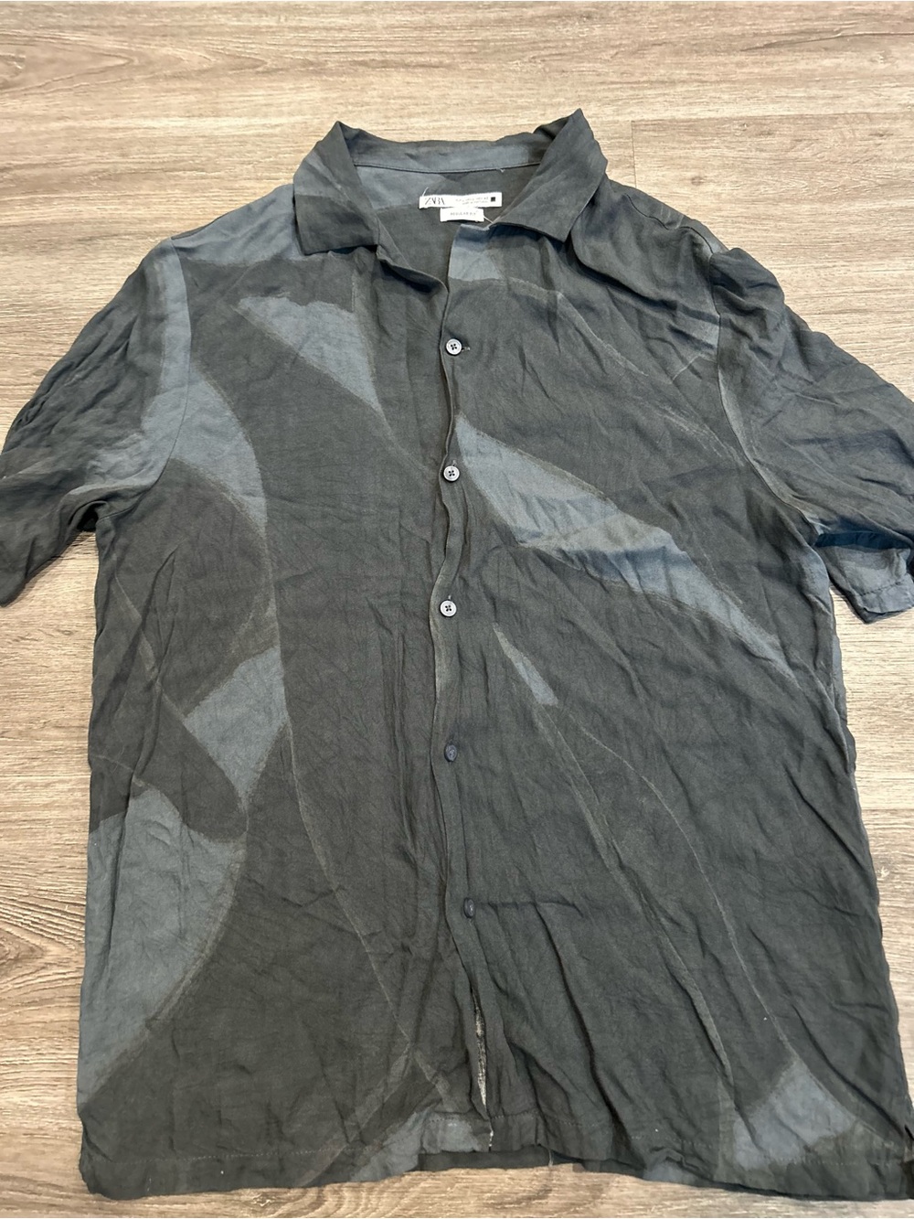 Zara Men’s Short Sleeve Dark Gray Patterned Button-Down Shirt